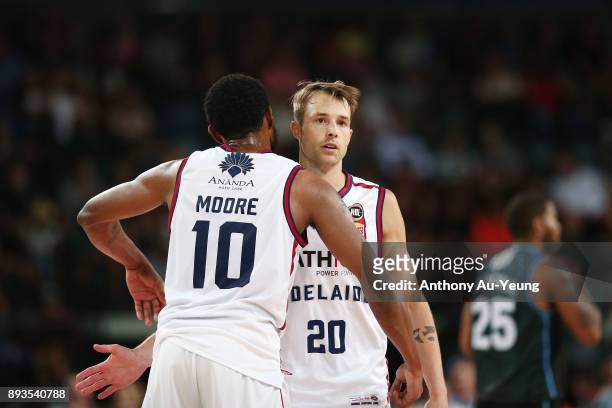 Ramone Moore and Nathan Sobey of the 36ers celebrate during the round 10 NBL match between the New Zealand Breakers and the Adelaide 36ers at Spark...