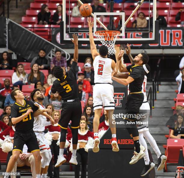 Zhaire Smith of the Texas Tech Red Raiders tries to tip in the rebound during the game against the Kennesaw State Owls on December 13, 2017 at United...