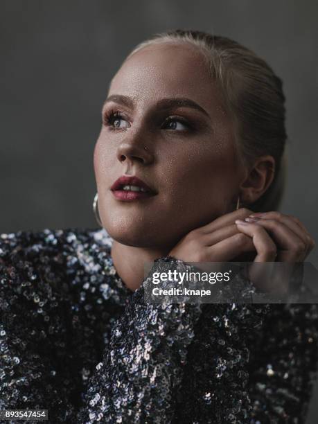 young beautiful fashionable modern woman - sequin dress stock pictures, royalty-free photos & images