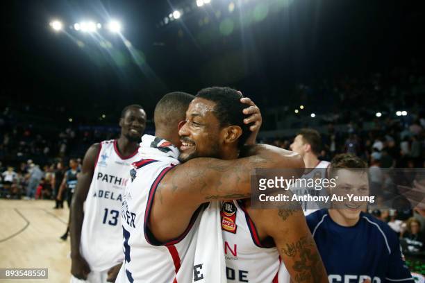 Ramone Moore of the 36ers celebrates with teammate Shannon Shorter after winning the round 10 NBL match between the New Zealand Breakers and the...