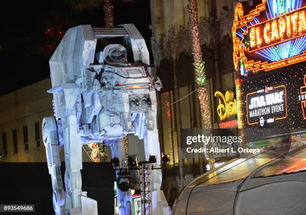 Competing screening accross the street at the El Capitan theatre with AT-M6 Walker on display at the Opening Night Celebration Of Walt Disney...