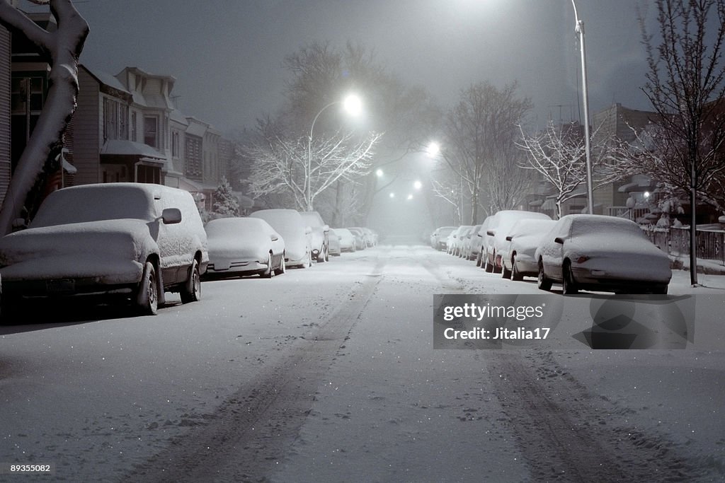 Snow-Covered Cars Lit by Street Lights - Blizzard of 2006