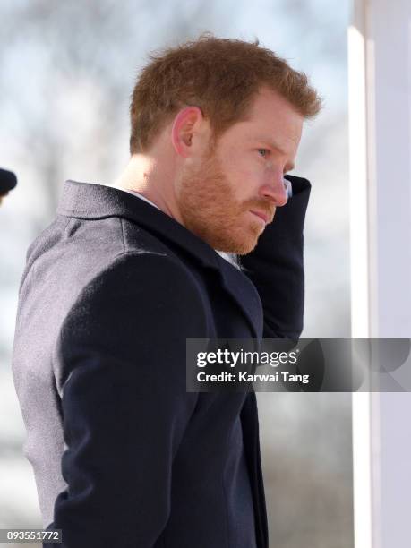 Prince Harry attends The Sovereign's Parade at Royal Military Academy Sandhurst on December 15, 2017 in Camberley, England.