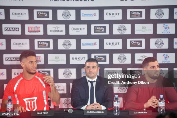 Tony YOKA Jerome Abiteboul and Ali BAGHOUZ during press conference ahead the fight against Ali Baghouz on December 15, 2017 in Boulogne-Billancourt,...