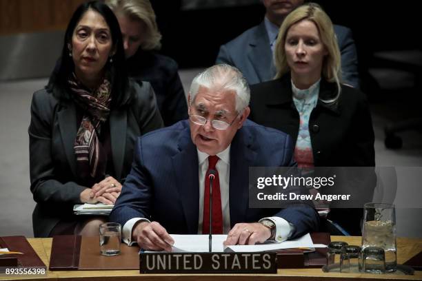 Secretary of State Rex Tillerson speaks during a United Nations Security Council meeting concerning North Korea's nuclear ambitions, December 15,...