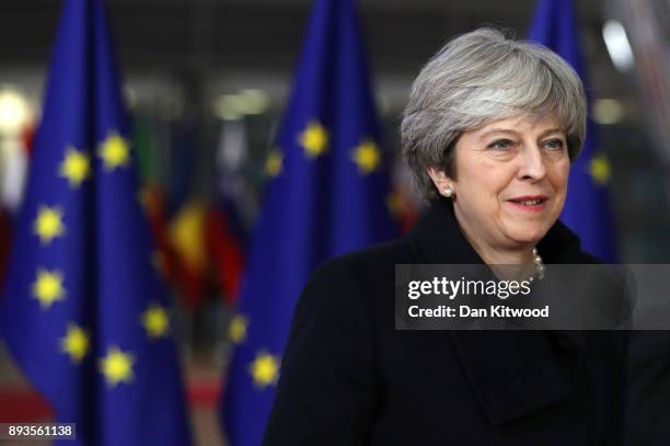 British Prime Minister Theresa May arrives for the European Union leaders summit at the European Council on December 14, 2017 in Brussels, Belgium....