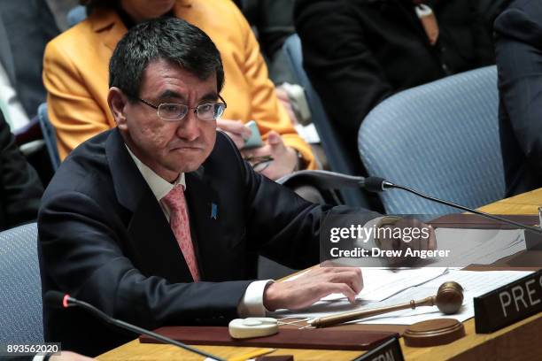 Foreign Minister of Japan Taro Kono chairs a meeting of the United Nations Security Council concerning North Korea's nuclear ambitions, December 15,...