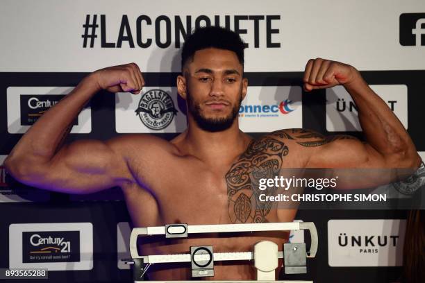 France's Tony Yoka is pictured during the official weighing on the eve of his heavyweight boxing bout against Belgium's Ali Baghouz, on December 15,...