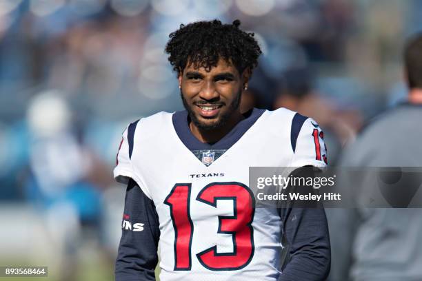 Braxton Miller of the Houston Texans warming up before a game against the Tennessee Titans at Nissan Stadium on December 3, 2017 in Nashville,...