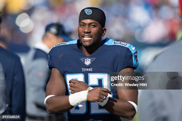 Harry Douglas of the Tennessee Titans on the sidelines before a game against the Houston Texans at Nissan Stadium on December 3, 2017 in Nashville,...