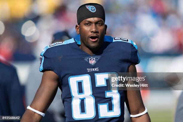 Harry Douglas of the Tennessee Titans on the sidelines before a game against the Houston Texans at Nissan Stadium on December 3, 2017 in Nashville,...