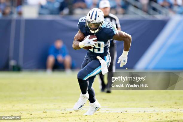 DeMarco Murray of the Tennessee Titans runs the ball during a game against the Houston Texans at Nissan Stadium on December 3, 2017 in Nashville,...