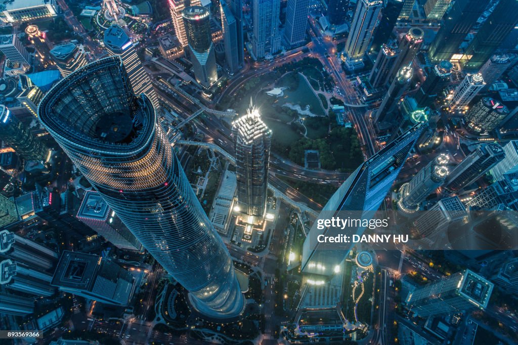 Overlook of Shanghai Lujiazui CBD district at dusk