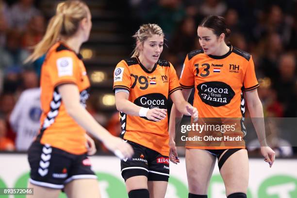 Estavana Polman and Yvette Broch of Netherlands gesticulated during the Championship Semi Final between match between Netherlands and Norway at...