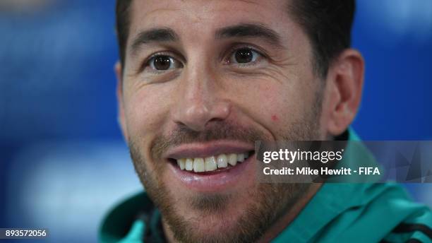 Sergio Ramos of Real Madrid faces the media during a press conference ahead of the FIFA Club World Cup UAE 2017 Final between Real Madrid and Gremio...