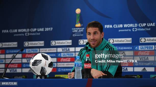 Sergio Ramos of Real Madrid faces the media during a press conference ahead of the FIFA Club World Cup UAE 2017 Final between Real Madrid and Gremio...
