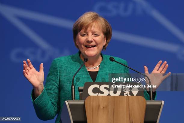 German Chancellor and leader of the German Christian Democrats Angela Merkel speaks at the party congress of the CDU sister party, the Bavarian...