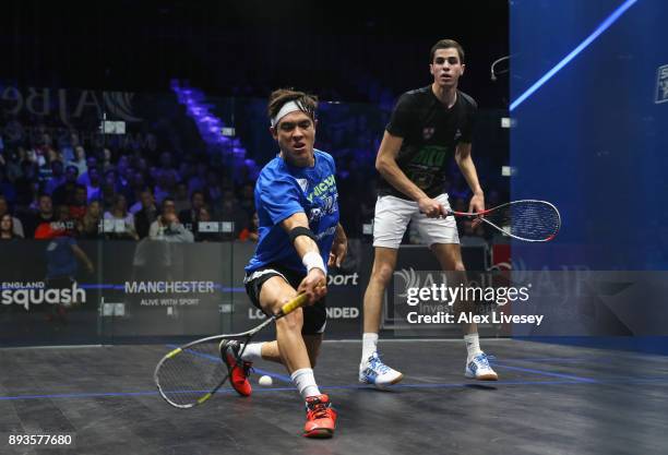 Miguel Angel Rodriguez of Colombia plays a forehand shot against Ali Farag of Egypt during their Quarter Final match in the AJ Bell PSA World Squash...