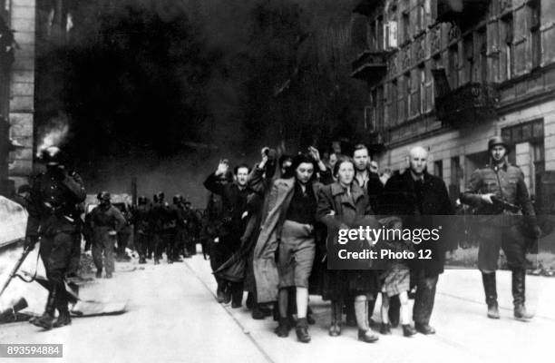 Jewish civilians captured during the destruction of the Warsaw Ghetto, Poland, 1943.