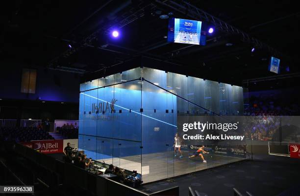 General view of Manchester Central Convention Complex is seen as Camille Serme of France plays a backhand shot against Joelle King of New Zealand...