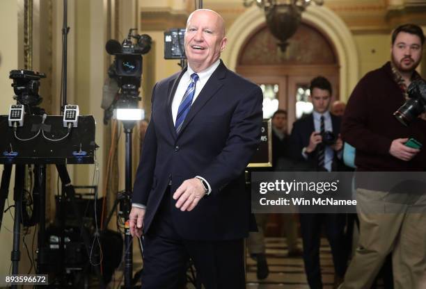 House Ways and Means Chairman Kevin Brady arrives to discuss progress on the tax reform bill with reporters at the U.S. Capitol on December 15, 2017...