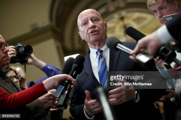 House Ways and Means Chairman Kevin Brady discusses progress on the tax reform bill with reporters at the U.S. Capitol on December 15, 2017 in...