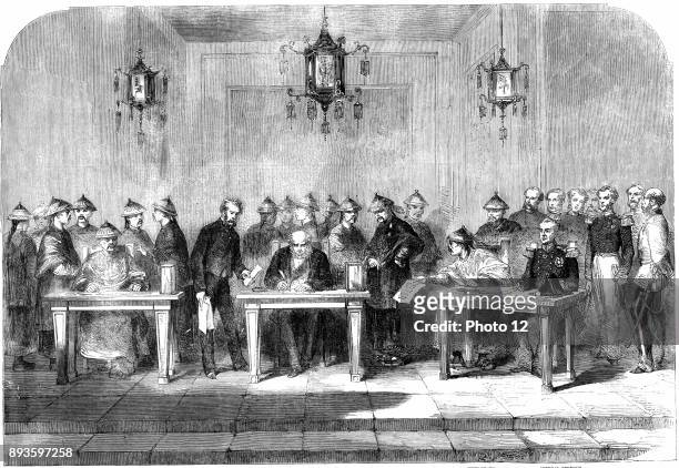 Second Opium War. Lord Elgin , left, signing the Treaty of Tainjin which brought to a formal end the Second Opium War between Britain and China, 16...