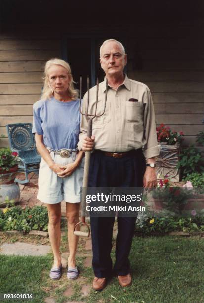 Actress Diane Kagan and Director James Ivory mimic Grant Wood's painting of American Gothic in Claverack New York in 1992.