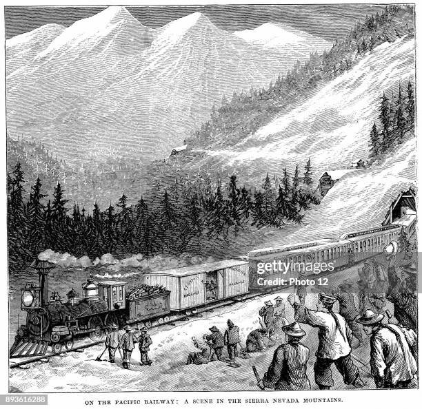 Engraving showing the Central Pacific Railroad in the Sierra Nevada mountains.