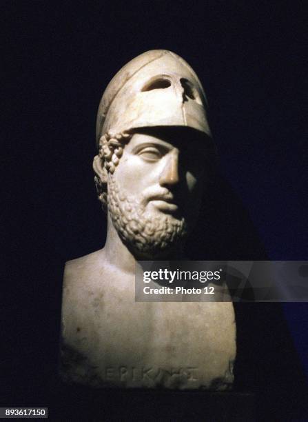 Marble portrait bust of Pericles Athenian statesman Roman 2nd century BC, said to be from Hadrian's villa at Tivoli, Lazio, Italy. Britsh Museum.