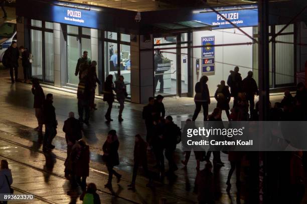 Passers-by pass a new police station at Alexanderplatz on December 15, 2017 in Berlin, Germany. Alexanderplatz, at the heart of Berlin, has seen a...