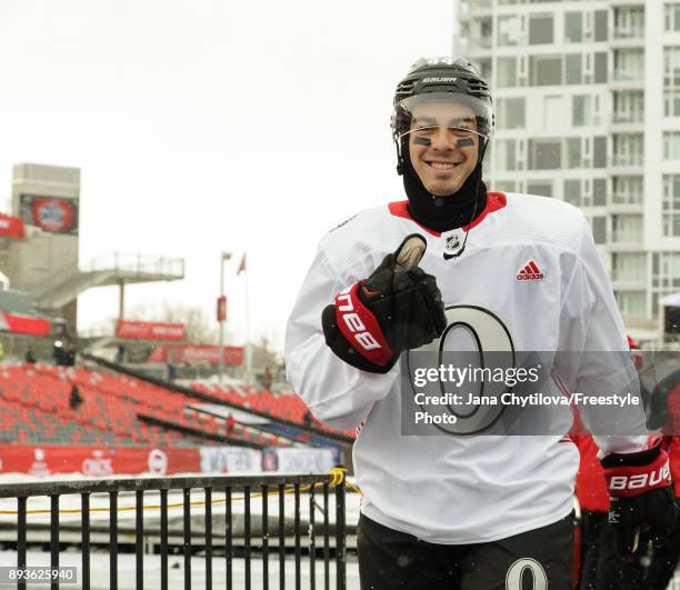 Jean-Gabriel Pageau of the Ottawa Senators gives a thumps-up following practice as he leaves the ice at Lansdowne Park on December 15, 2017 in...