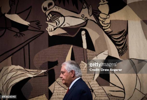 Secretary of State Rex Tillerson exits after speaking to reporters following a United Nations Security Council meeting concerning North Korea's...