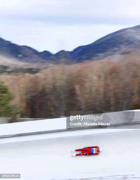 Arturs Darznieks of Latvia competes in his first run of the Men's competition during the Viessmann FIL Luge World Cup at Lake Placid Olympic Center...