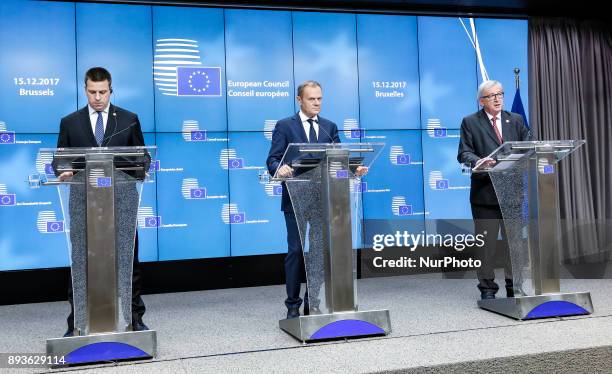 Estonian Prime Minister Juri Ratas, European Council President Donald Tusk and President of European Commission Jaen-Claude Juncker on joint final...