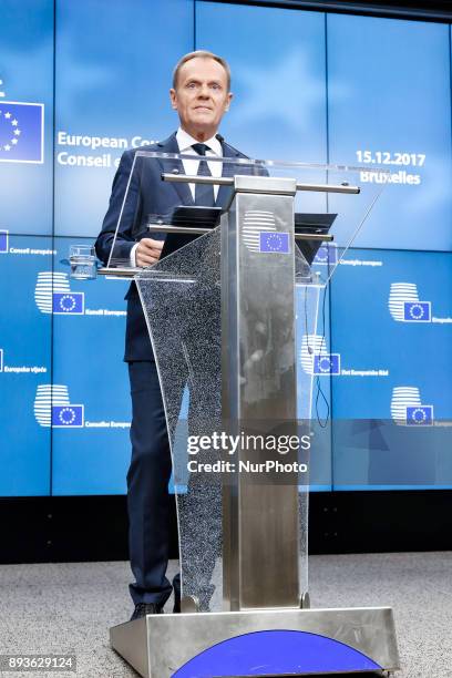 European Council President Donald Tusk on final press conference in Brussels, Belgium at the European Council summit during Estonian presidency on...