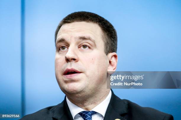 Estonian Prime Minister Juri Ratas on joint final press conference in Brussels, Belgium at the European Council summit during Estonian presidency on...