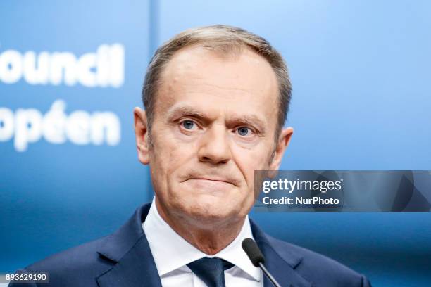 European Council President Donald Tusk on final press conference in Brussels, Belgium at the European Council summit during Estonian presidency on...