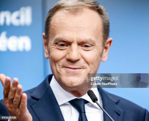 European Council President Donald Tusk on final press conference in Brussels, Belgium at the European Council summit during Estonian presidency on...