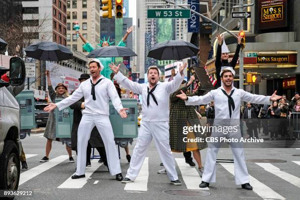 Hugh Jackman, James Corden, and Zac Efron perform in Crosswalk The Musical in New York City with James Corden during "The Late Late Show with James...