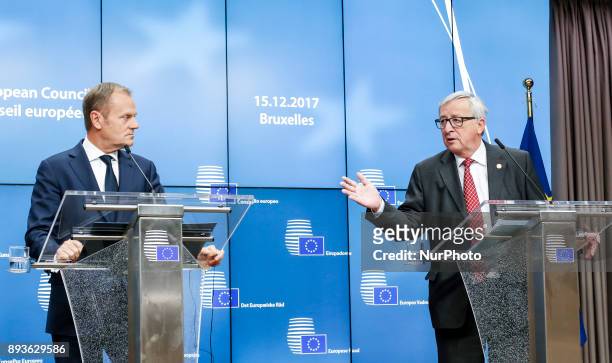 European Council President Donald Tusk and President of European Commission Jaen-Claude Juncker on joint final press conference in Brussels, Belgium...