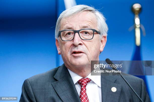 President of European Commission Jaen-Claude Juncker on final press conference in Brussels, Belgium at the European Council summit during Estonian...