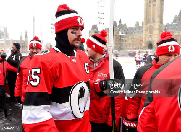 Erik Karlsson of the Ottawa Senators walks to the ice during the 2017 Scotiabank NHL100 Classic Ottawa Senators practice on Parliament Hill on...