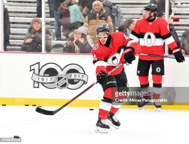 Jean-Gabriel Pageau of the Ottawa Senators passes the puck during the 2017 Scotiabank NHL100 Classic Ottawa Senators practice on Parliament Hill on...