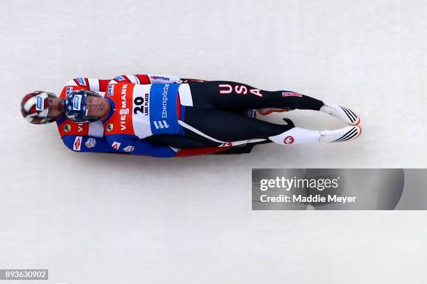 Matt Mortensen, top, and Jayson Terdiman of the United States compete in the Doubles event at the Viessmann FIL Luge World Cup at Lake Placid Olympic...