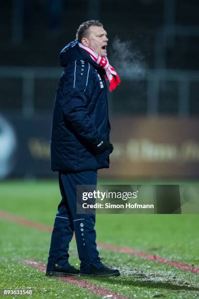 Head coach Uwe Koschinat of Fortuna Koeln reacts during the 3. Liga match between VfR Aalen and SC Fortuna Koeln at Ostalb Stadion on December 15,...