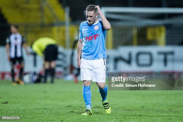 Robin Scheu of Fortuna Koeln reacts during the 3. Liga match between VfR Aalen and SC Fortuna Koeln at Ostalb Stadion on December 15, 2017 in Aalen,...