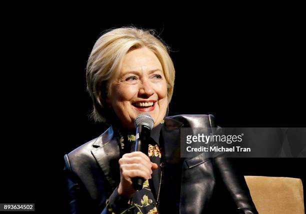 Former First Lady of the United States, Hillary Clinton speaks onstage during the LA Promise Fund's Girls Build Leadership Summit held at Los Angeles...