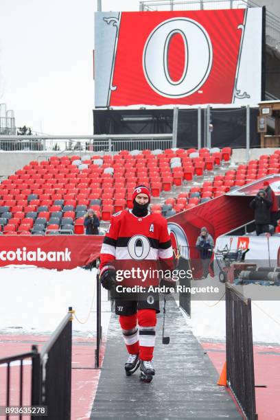 Mark Stone of the Ottawa Senators makes his way onto the ice during a practice session ahead of the Scotiabank NHL100 Classic, at Lansdowne Park on...