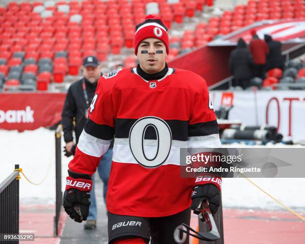 Jean-Gabriel Pageau of the Ottawa Senators makes his way onto the ice during a practice session ahead of the Scotiabank NHL100 Classic, at Lansdowne...